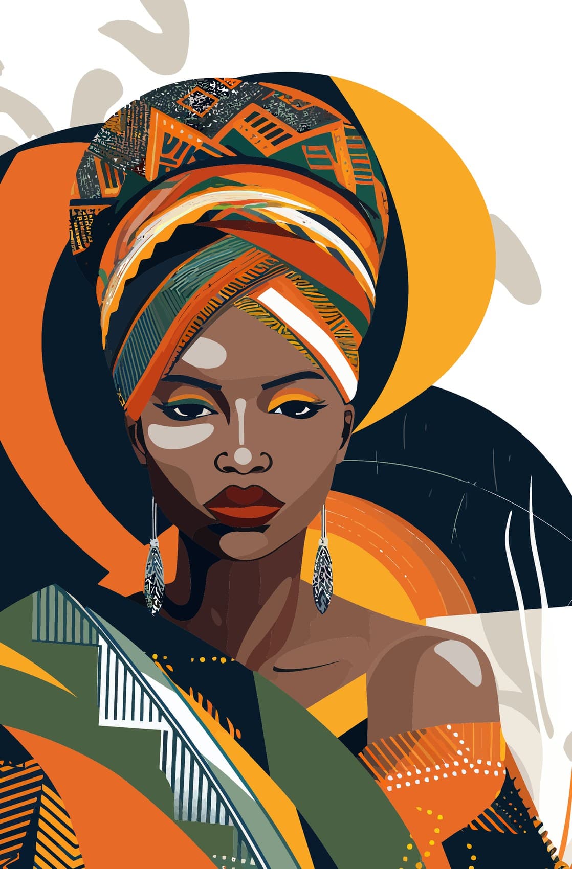 Illustrated portrait of an African woman in a vibrant patterned headwrap — Queensway Marketing's East African creative identity